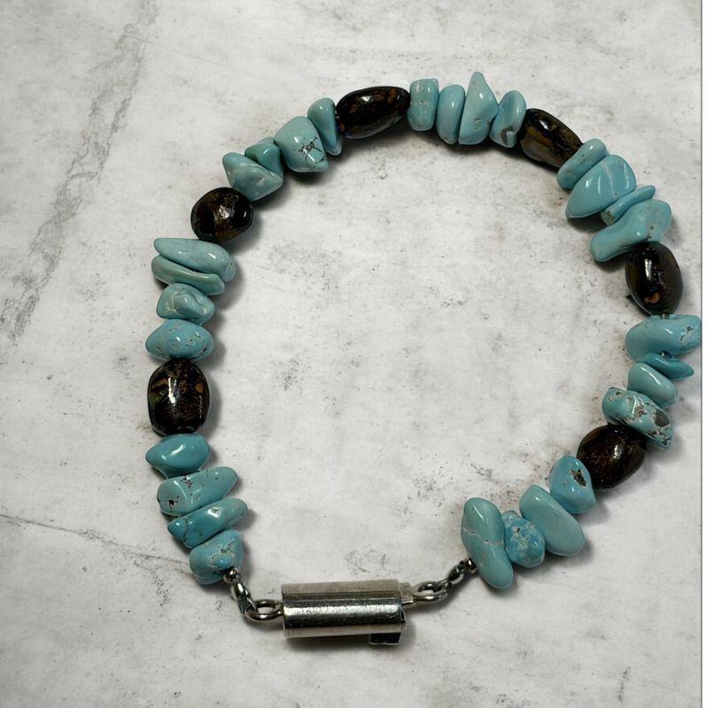 Bourie Bracelet White Mountain Turquoise and Brown Boulder Opal