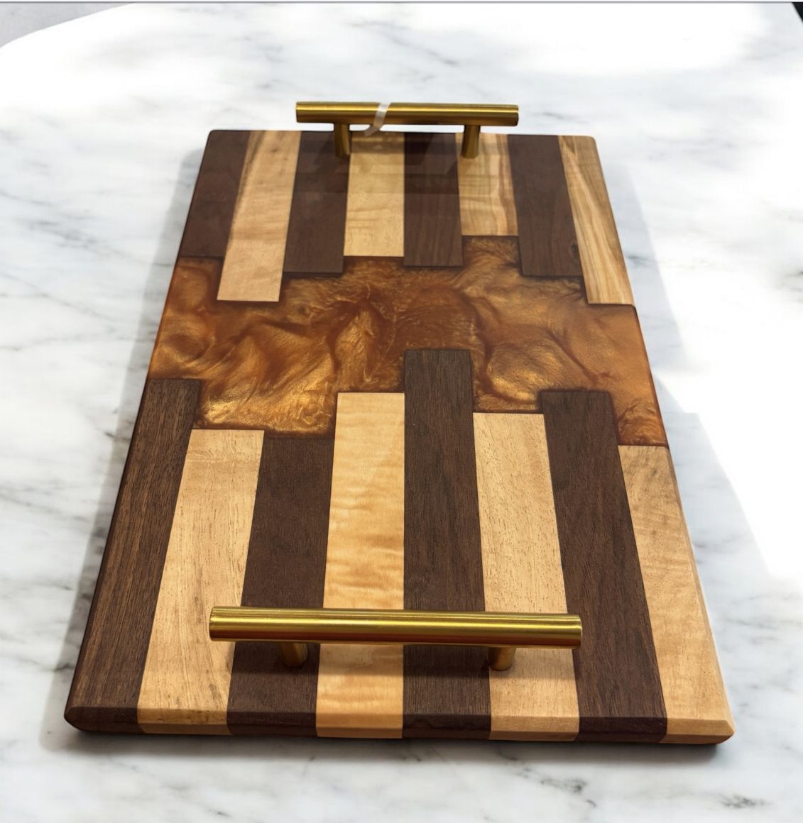 GM Charcuterie Board Black Walnut and Maple Butcher Block Style with Bronze Resin River
