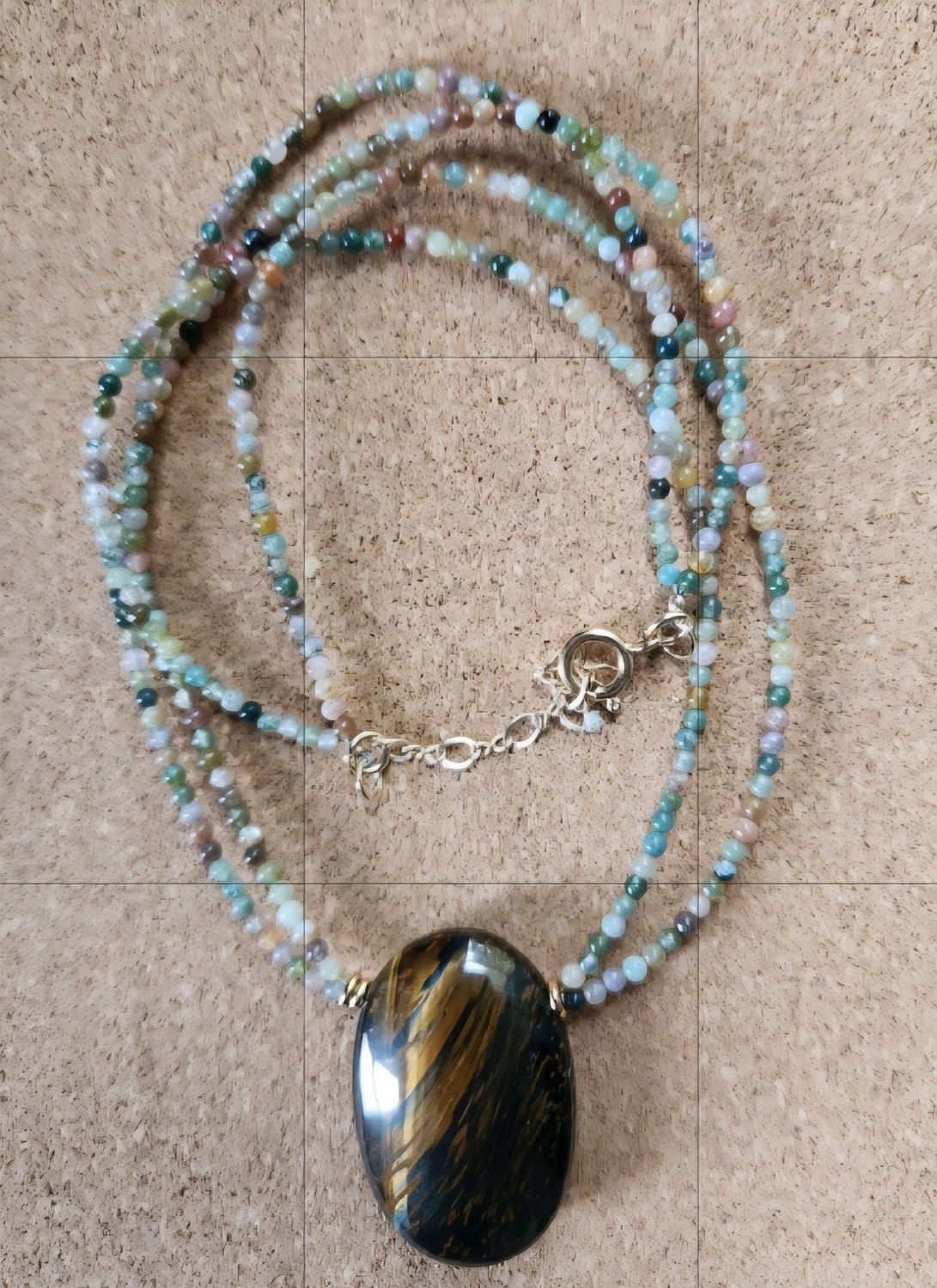 Bourie Necklace Blue Tiger Eye Oval pendant on Double Strand of Tiger Eye