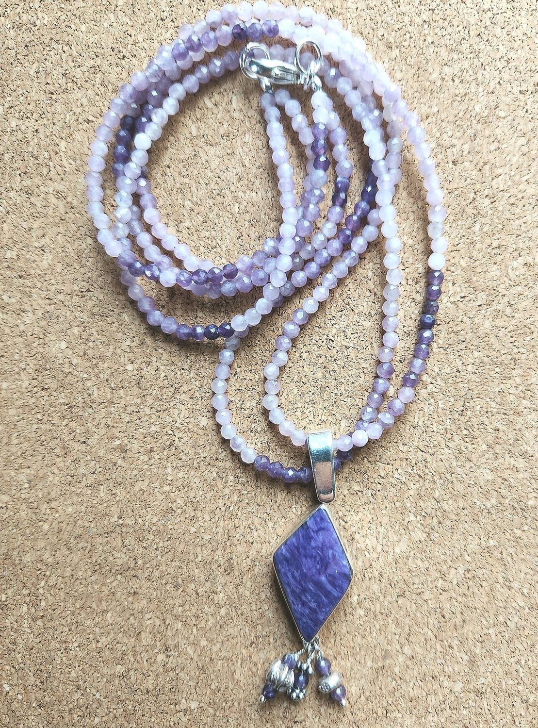 Bourie Necklace Ombre Faceted Charoite  with a Diamond Shape Charoite Pendant  with Dangles