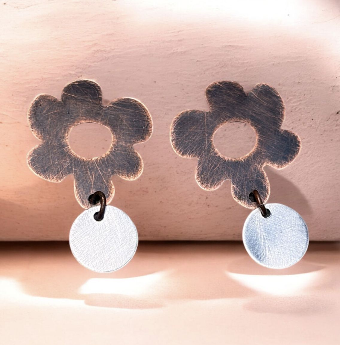 DiCesare Post Earrings Copper Flower with Silver Disc