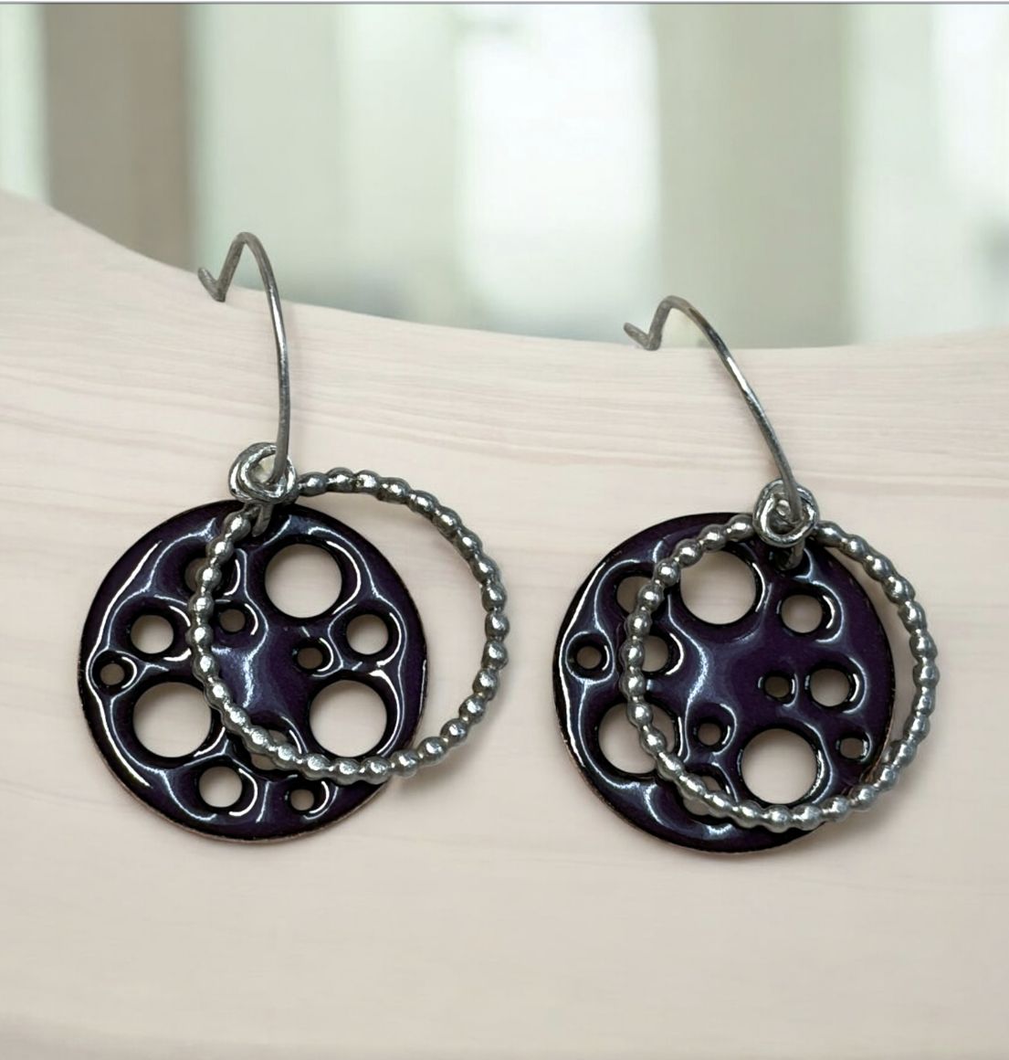 DiCesare Earrings Purple Cutout with Silver beaded Ring