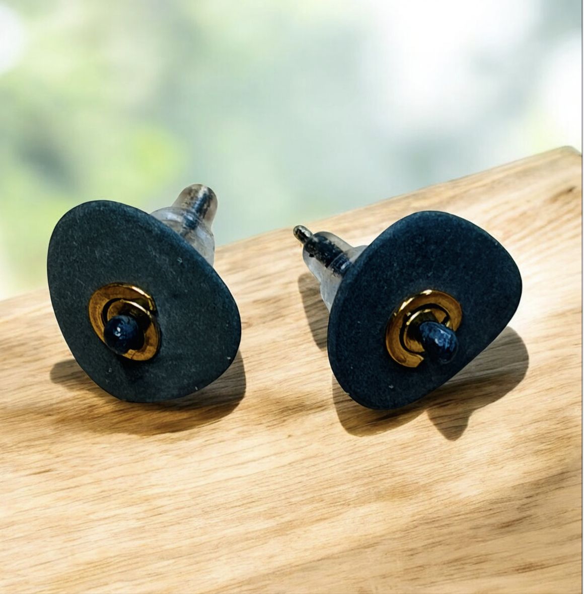 BQE Post Earrings on Oxidized Sterling with Jewelers Brass Spiral Over Finger Lakes Beach Stone