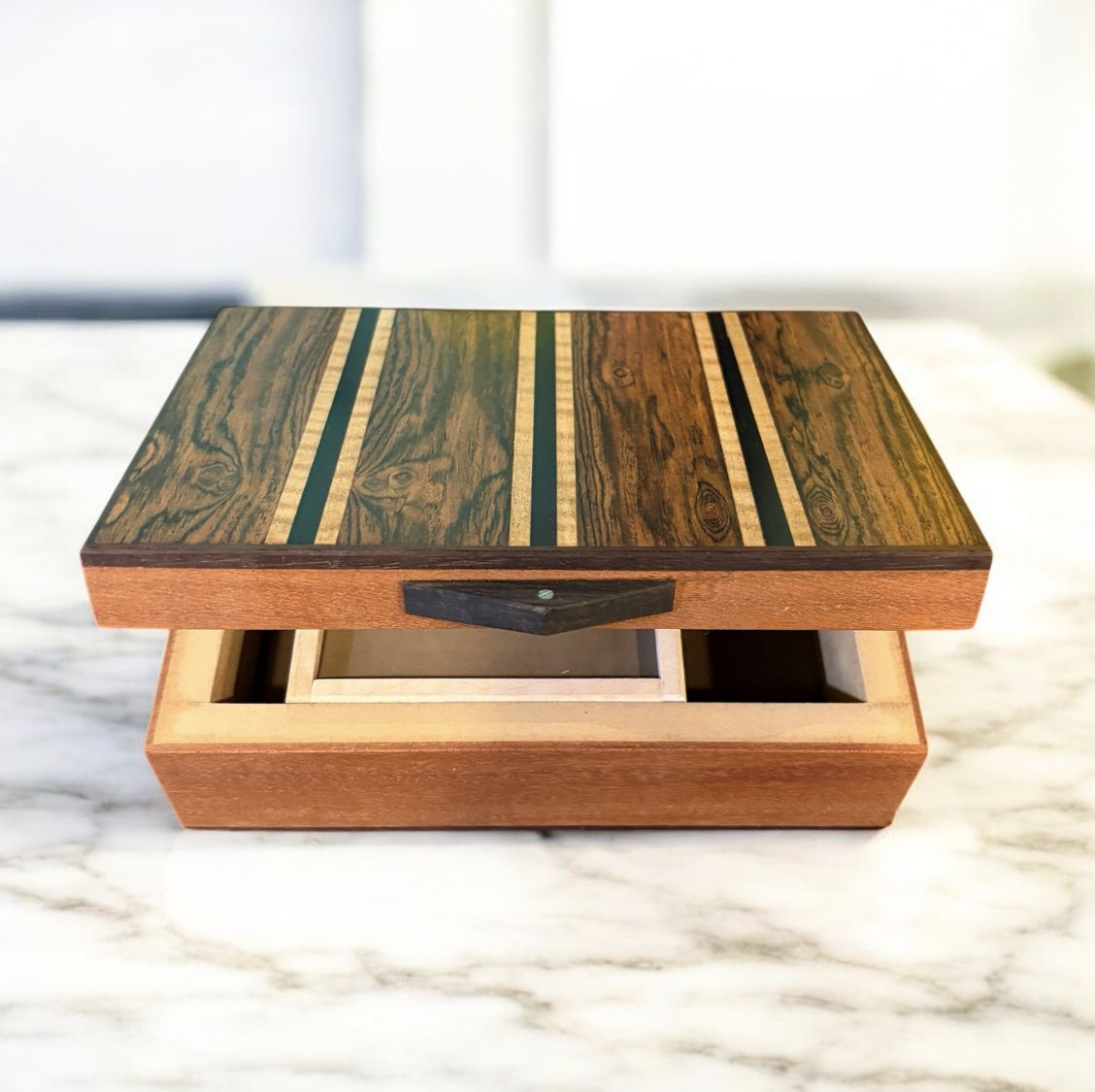 Cole Medium Jewelry Box Brazilian Rosewood, Gaboon Ebony, Turkish Boxwood