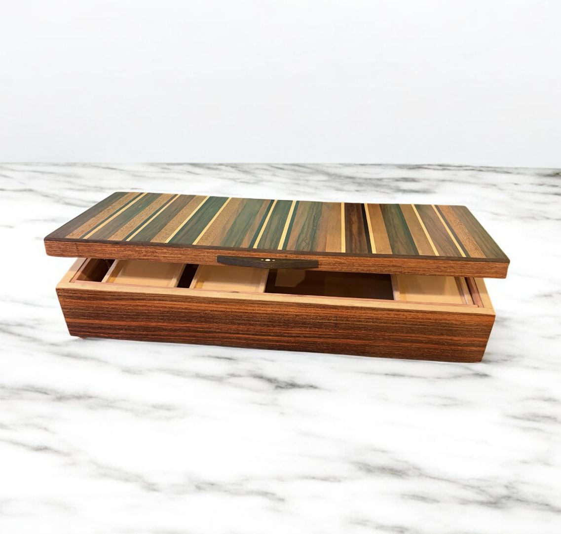 Cole Large Jewelry Box With Sliding Shelves Brazilian Rosewood, Gaboon Ebony, Turkish Boxwood