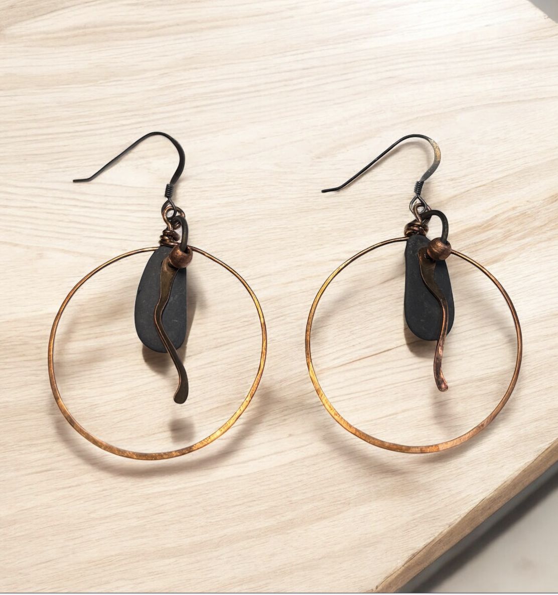 BQE Earrings Medium Bronze Hoop w/Single Lake Shape and Beach Stone E18BZ