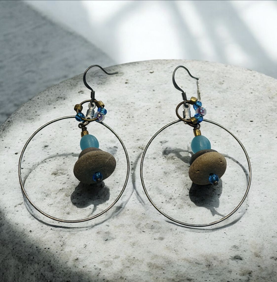 BQE Earrings Finger Lakes Beach Stones in Large Hoops