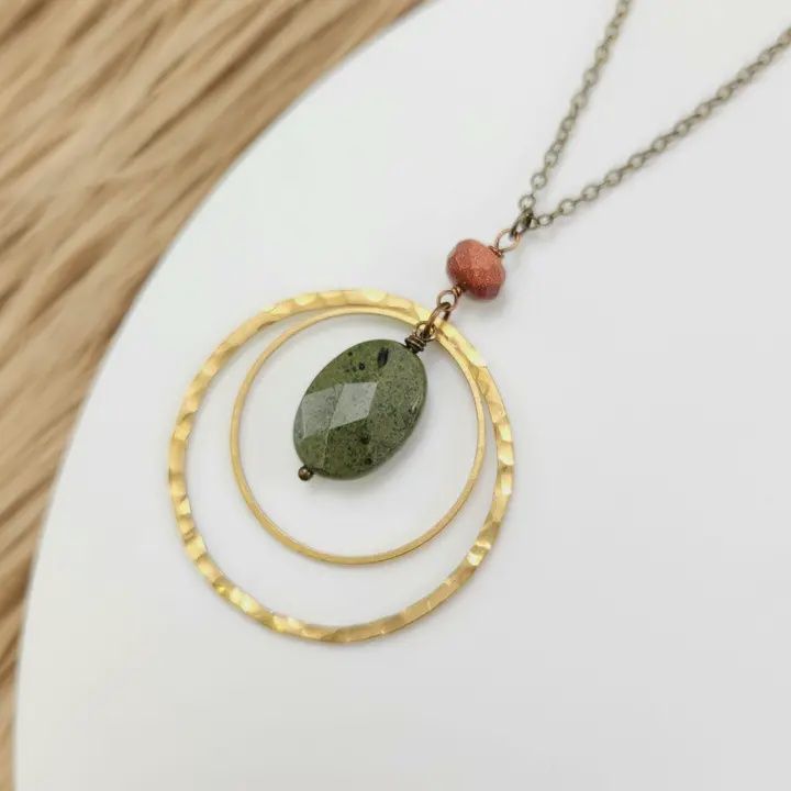 Edgy Petal Necklace Green Agate and Goldstone Hammered Brass Circle