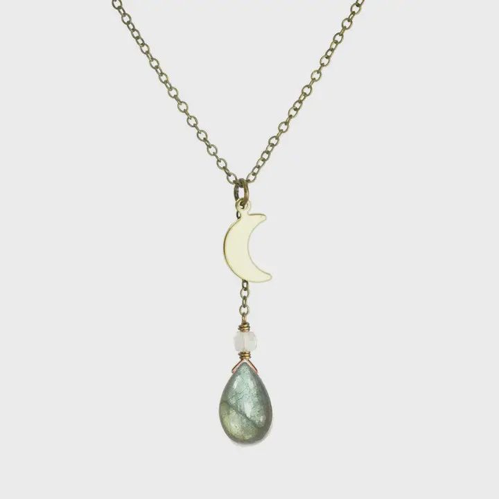 Edgy Petal Necklace Labradorite and Crescent Moon with Quartz