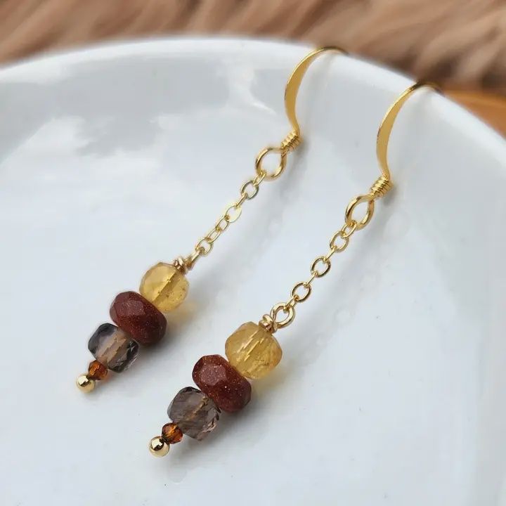 Edgy Petal Earrings Smoky Quartz, Citrine on Chain