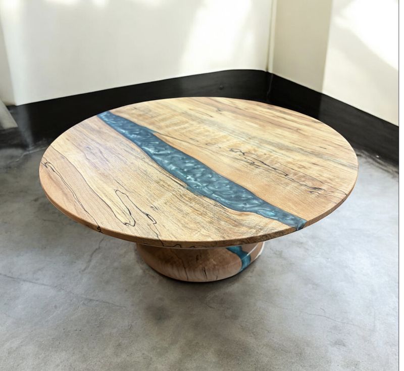 OTE Cake Stand Pedestal Spalted Mape with Turquoise Resin River
