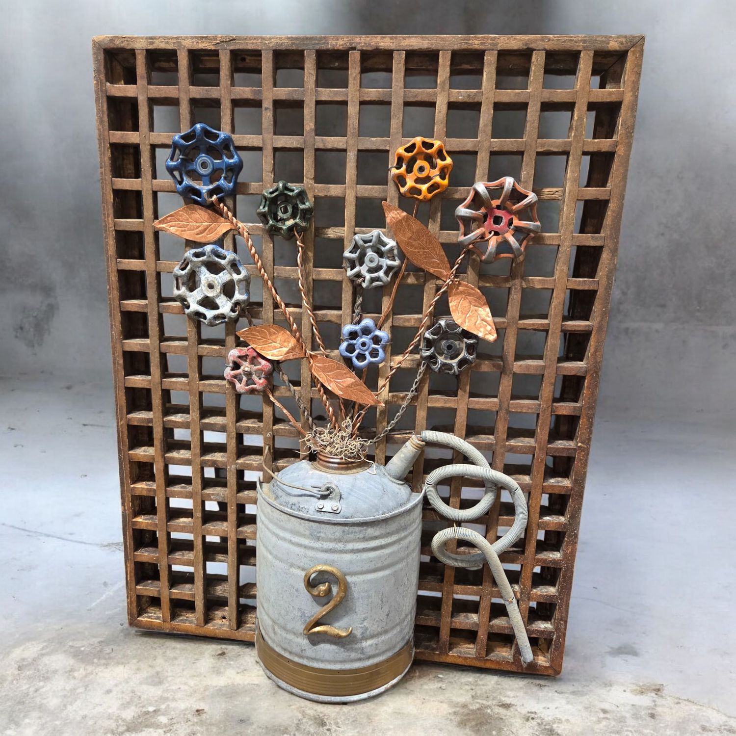 Butler Flower Bouquet in Metal Watering Can on Wood Lattice Window
