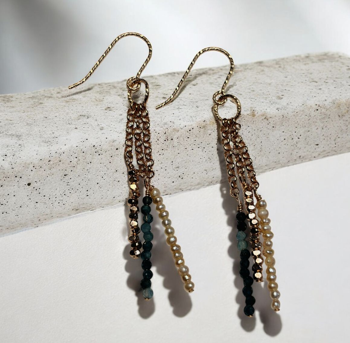 DT Jewels Earrings Tourmaline Dangles on Rose Gold with Pearls