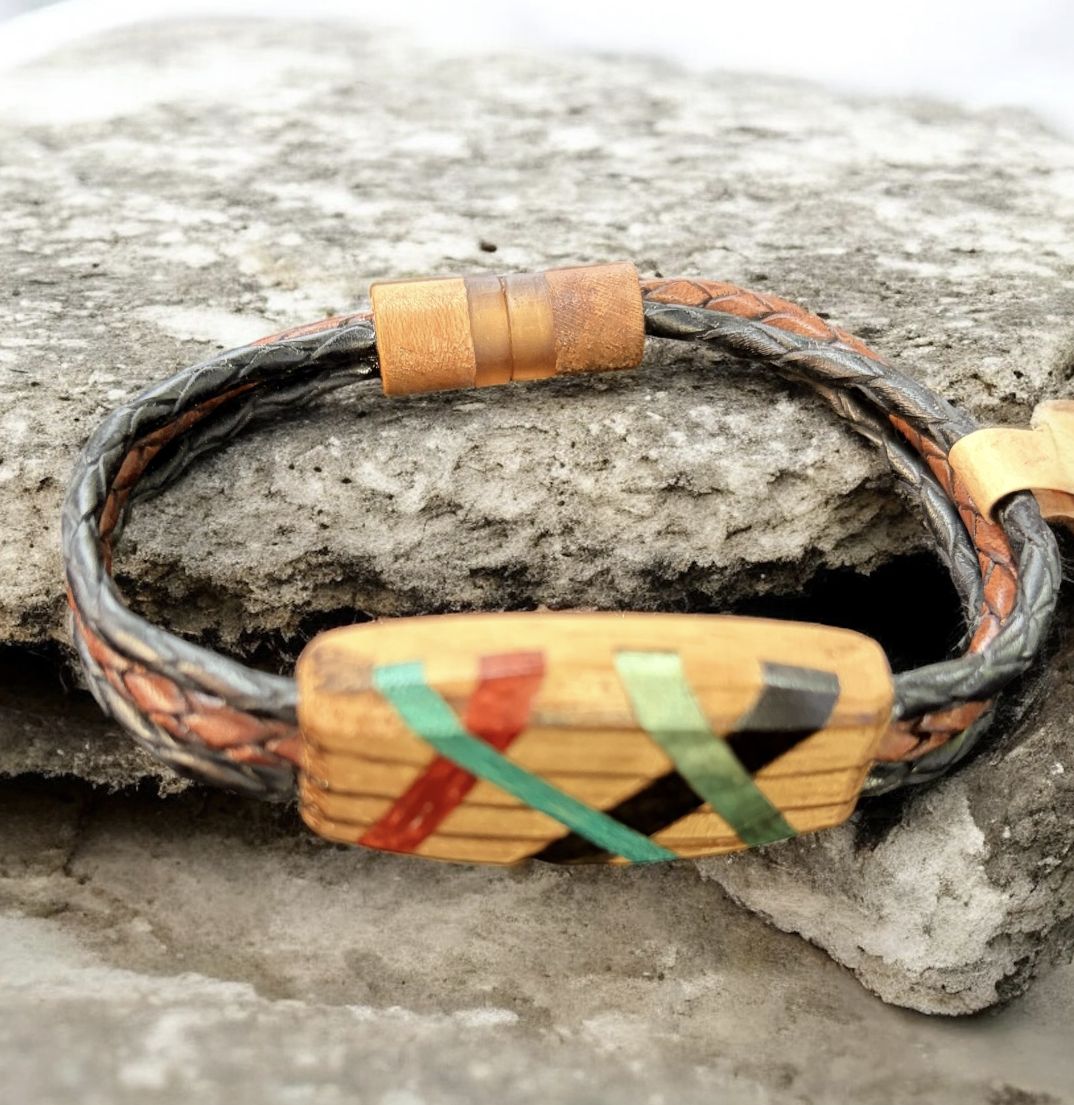 Leblanc Leather and Wood Bracelet Abstract Ebony, Red and Green 3 Strand SM