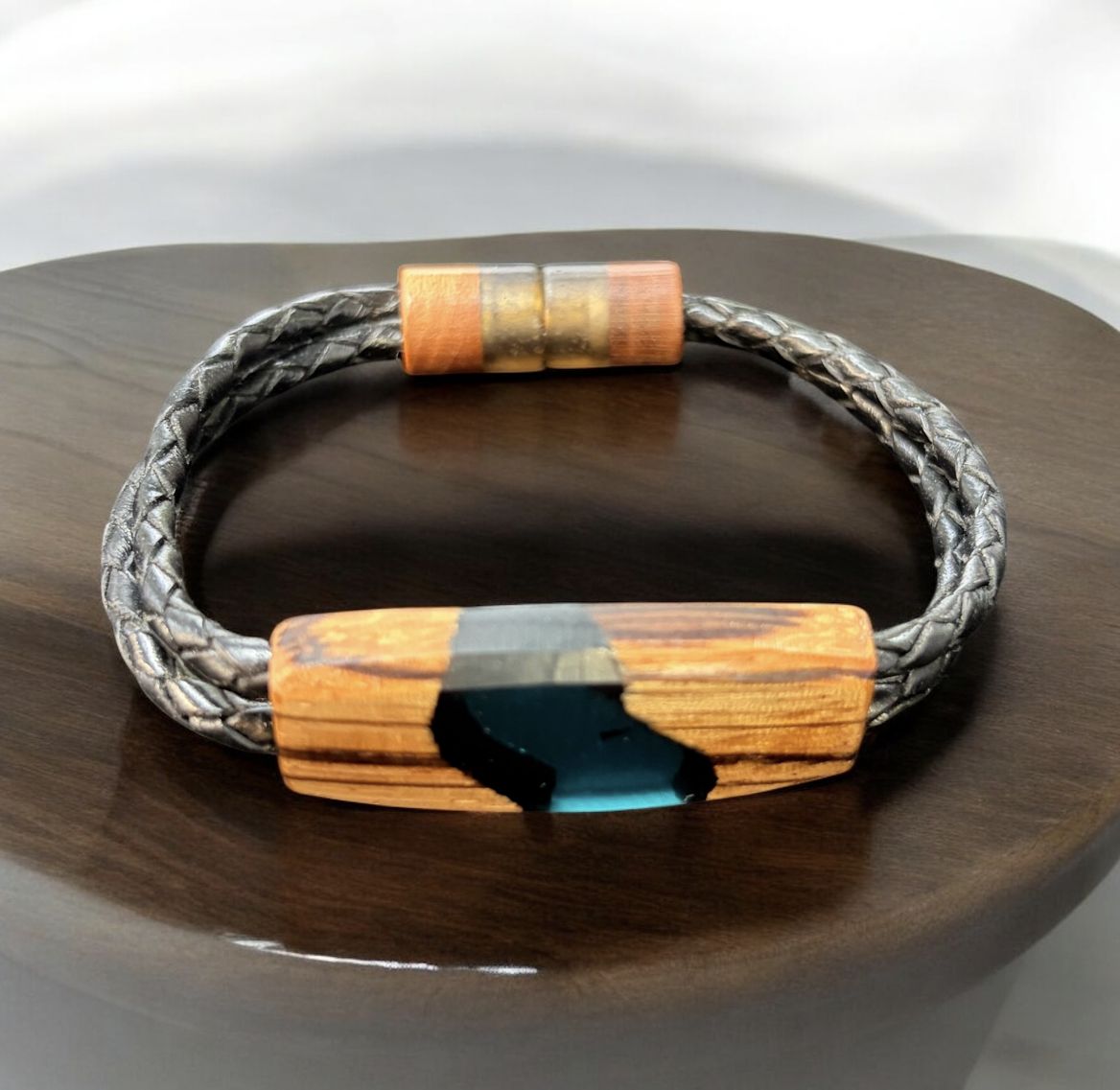 Leblanc Leather and Wood Bracelet River Blue X-Small