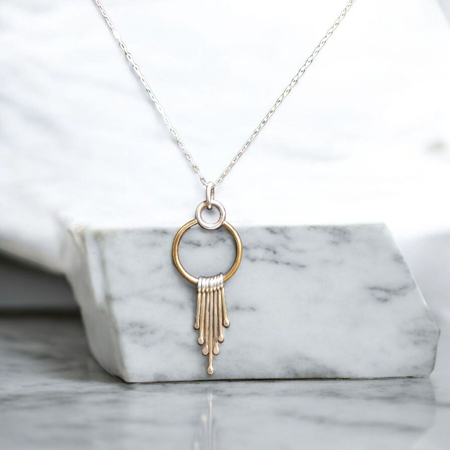 O&#39;Brien Necklace Sterling Silver and Brass Circles with Sterling Fringe