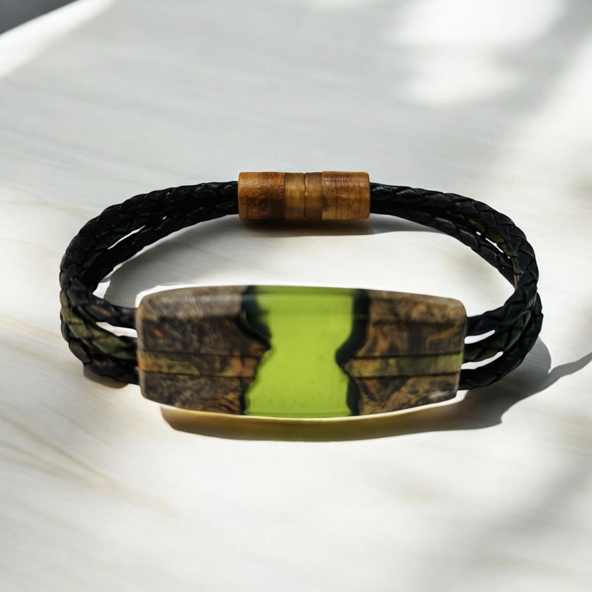 LeBlanc Leather and Wood Bracelet River II Green Large