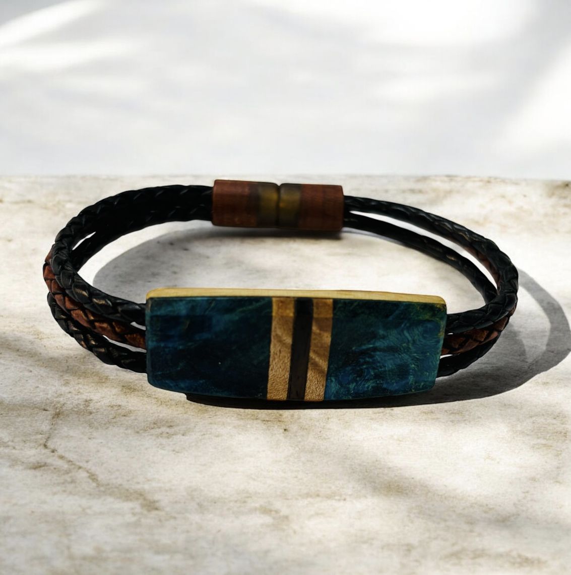 Leblanc Leather and Wood Bracelet Symmetry Teal and Ebony Large