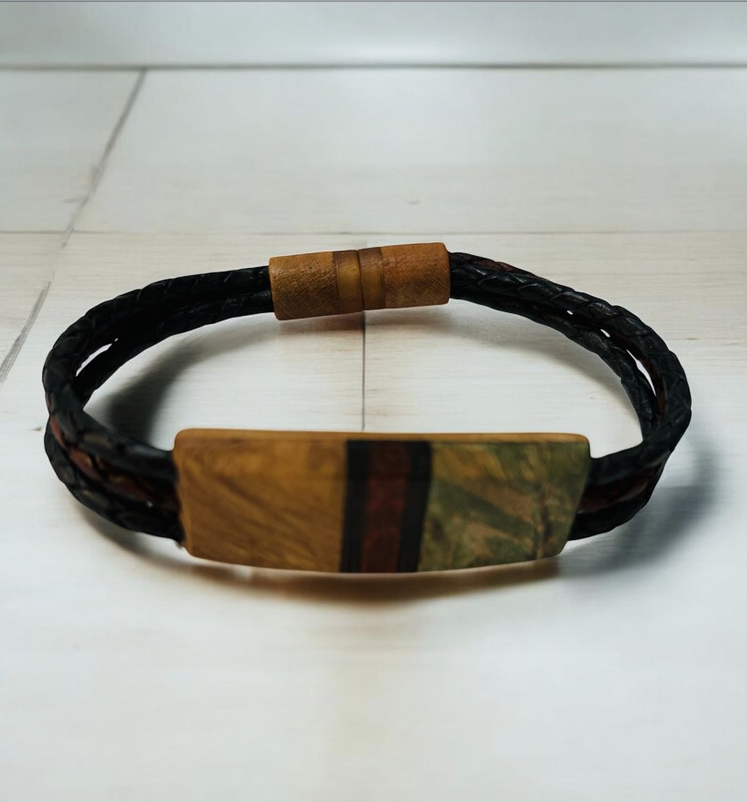 Leblanc Leather and Wood Bracelet Symmetry Ebony and Red Large