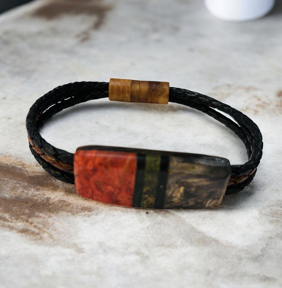 Leblanc Leather and Wood Bracelet Symmetry Red, Black and Ebony X-LG