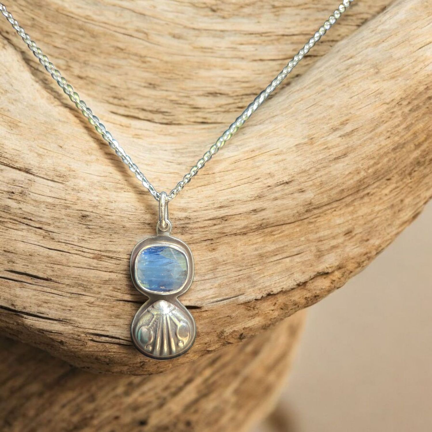 O'Brien Necklace Sterling Silver with Blue Kyanite Cab and Sterling Deco Art Applique