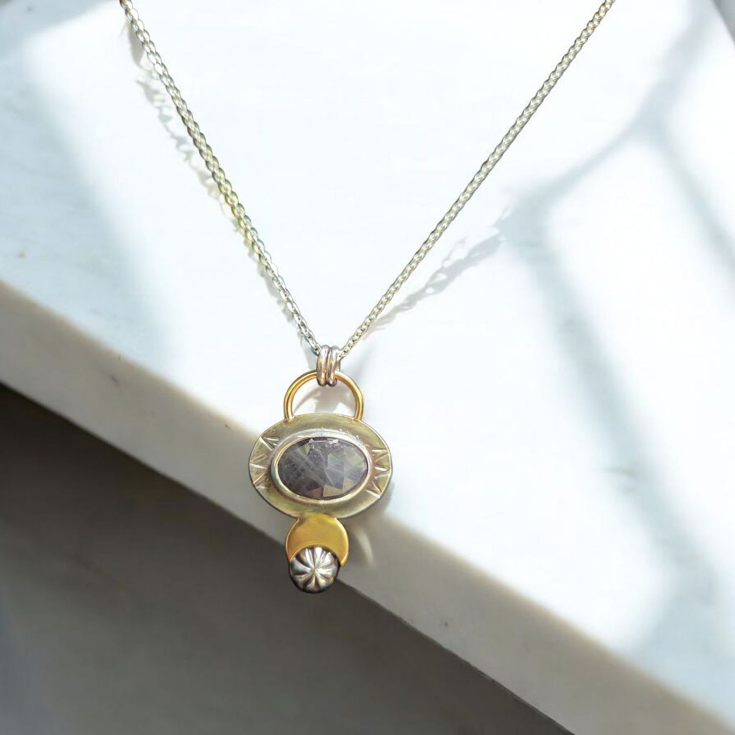 O'Brien Necklace Sapphire Cab in Sterling Silver with Brass Crescent Moon and Sterling Concho Shot