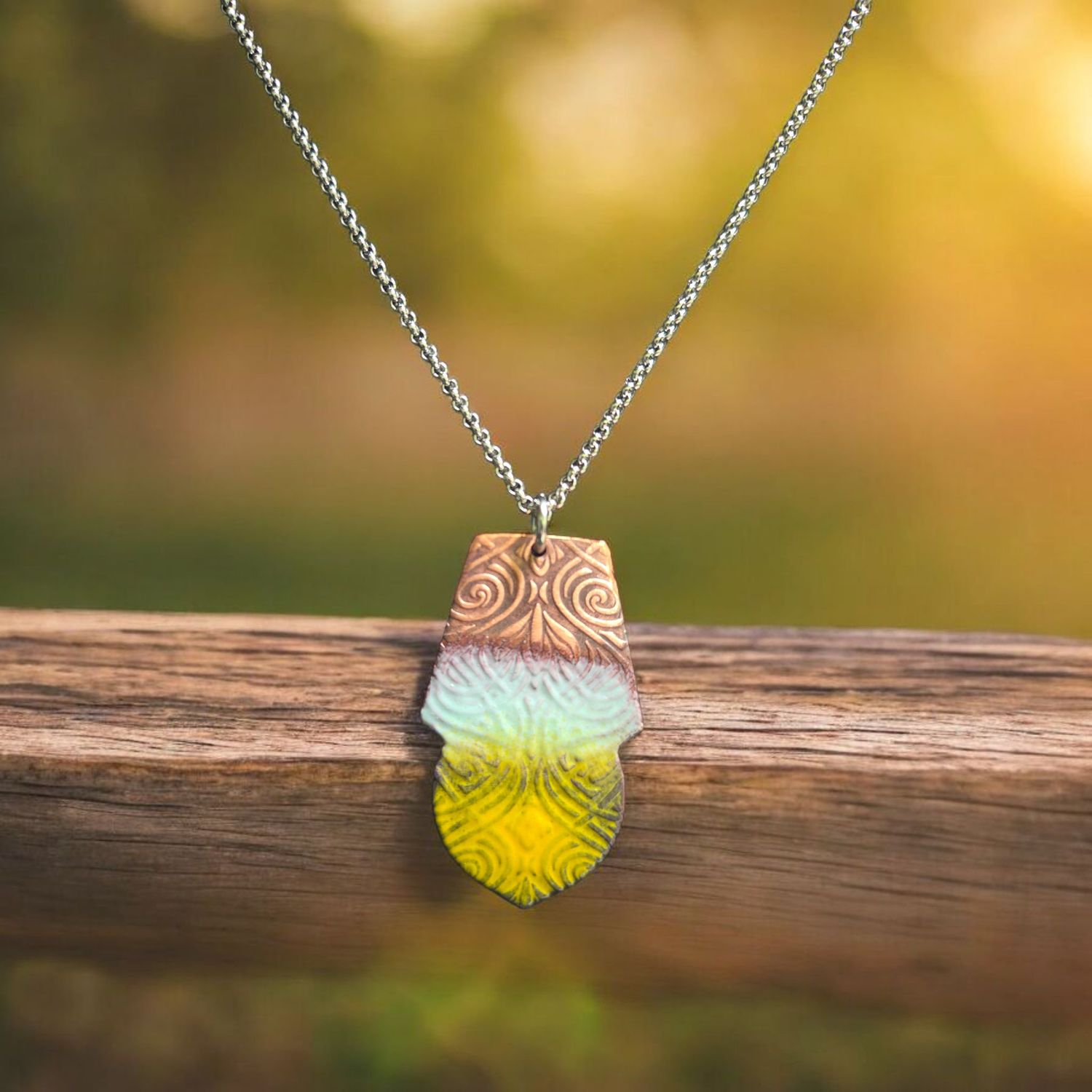 O&#39;Brien Necklace Copper Upside Down Onion Dome with Light Blue and Yellow Enamel