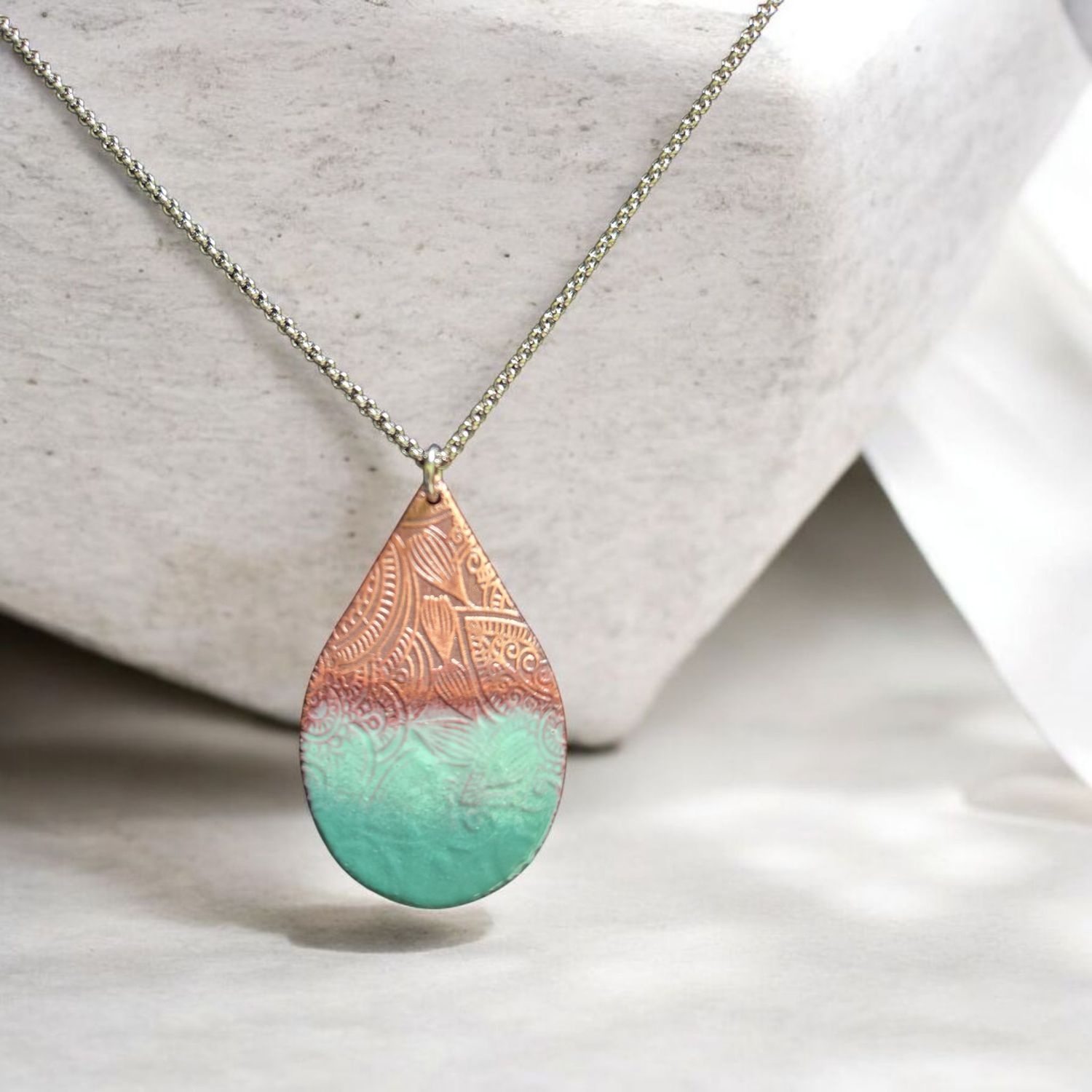 O&#39;Brien Necklace Copper Fat Teardrop Light Green Enamel
