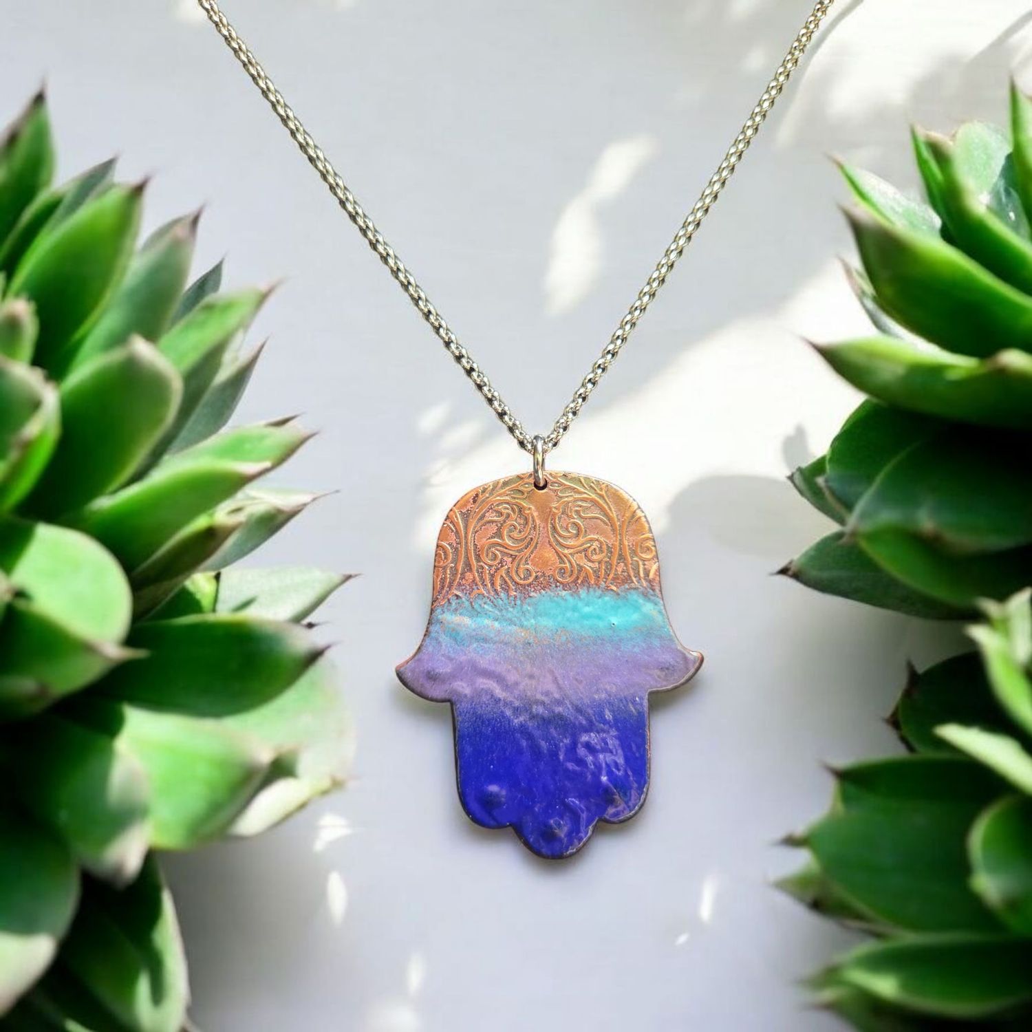 O&#39;Brien Necklace Copper Hamsa with Blue to Purple Enamel