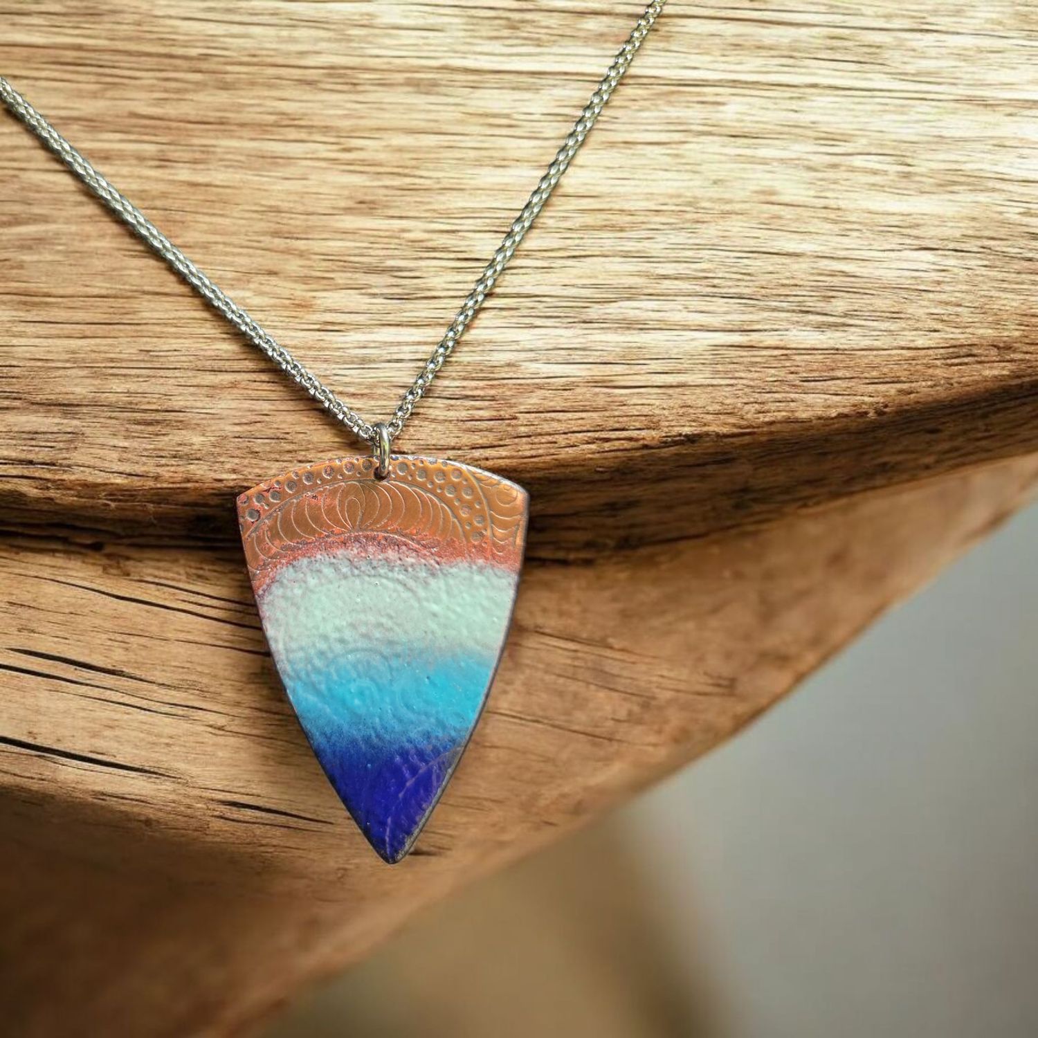 O'Brien Necklace Copper Rounded Shield with Blue Ombre Enamel