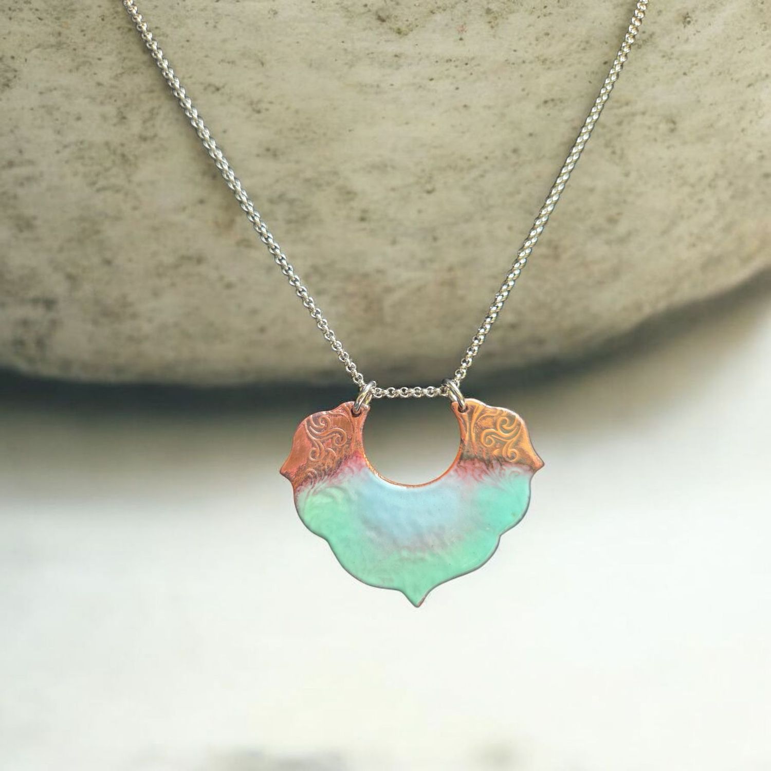 O&#39;Brien Necklace Copper Fancy Arabesque with Light Greenish Blue Enamel