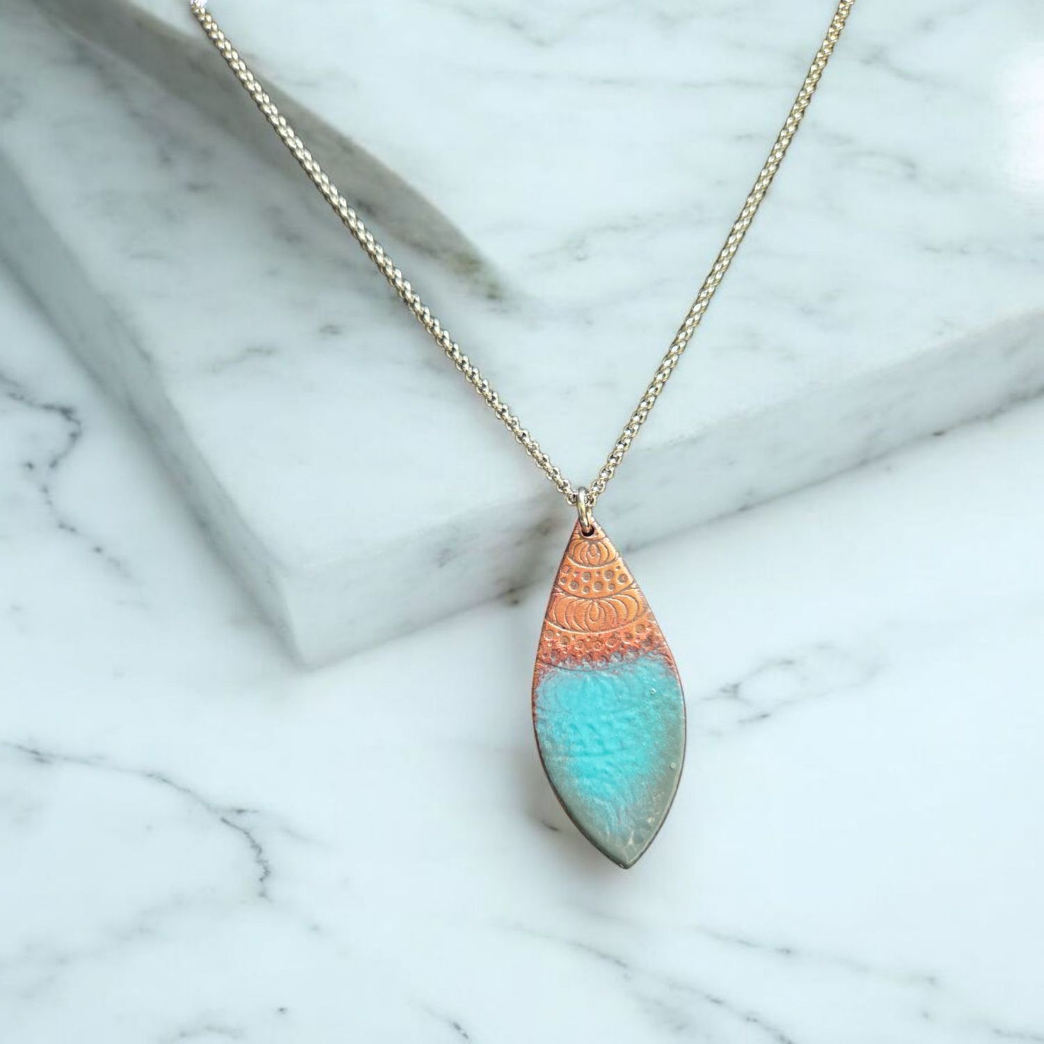 O'Brien Necklace Copper Tear Drop with Blue Enamel