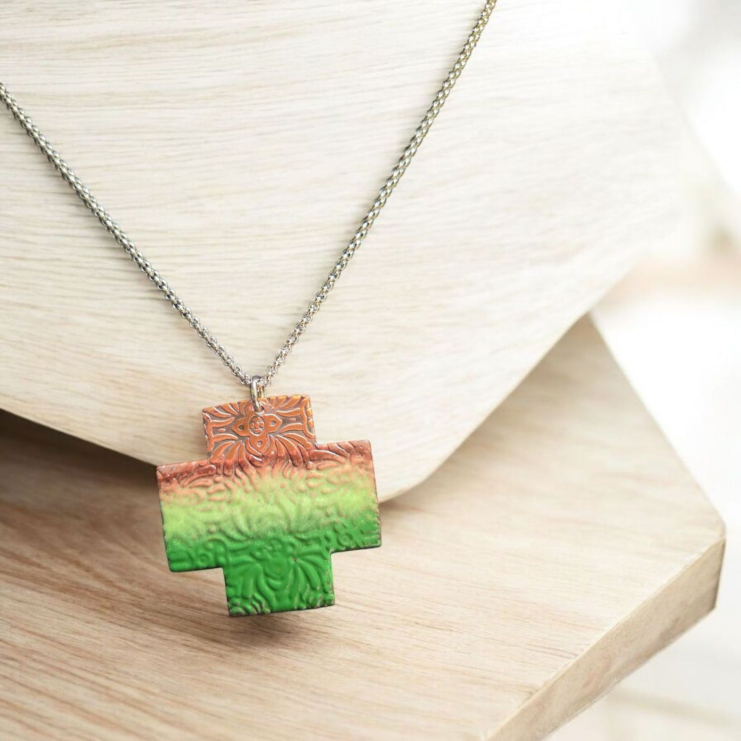 O&#39;Brien Necklace Copper Southwestern Cross with Green Enamel