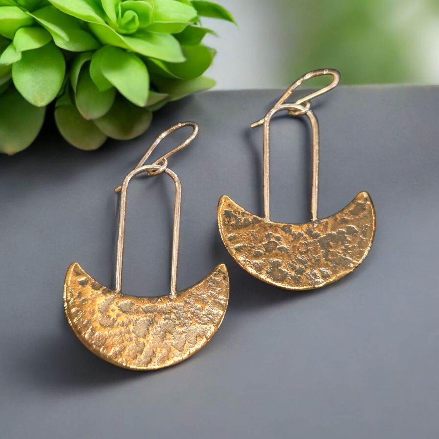 O'Brien Earring Hammered Brass Crescents on Sterling Bails