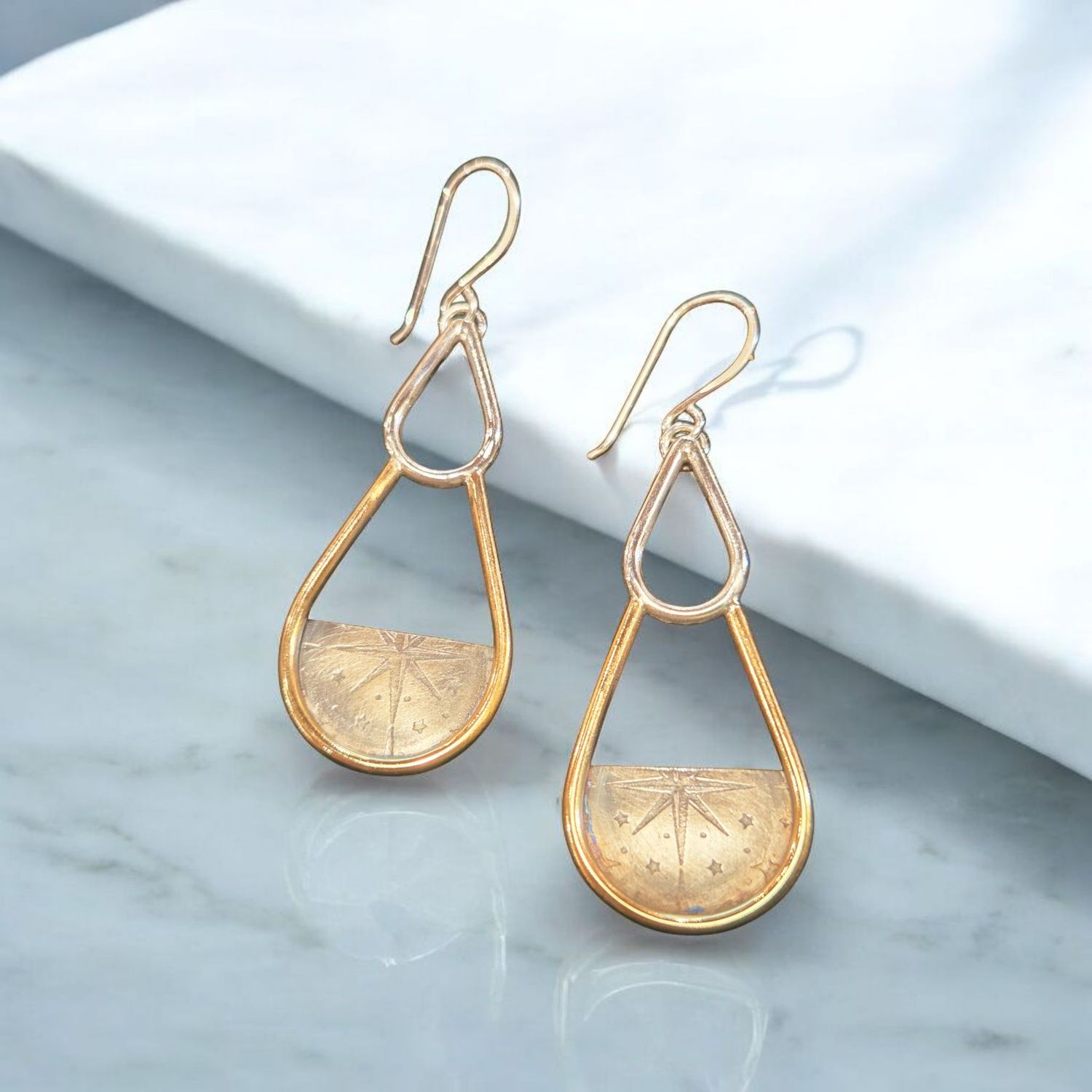 O&#39;Brien Earring Sterling and Brass Open Teardrops with Patterned Silver Applique