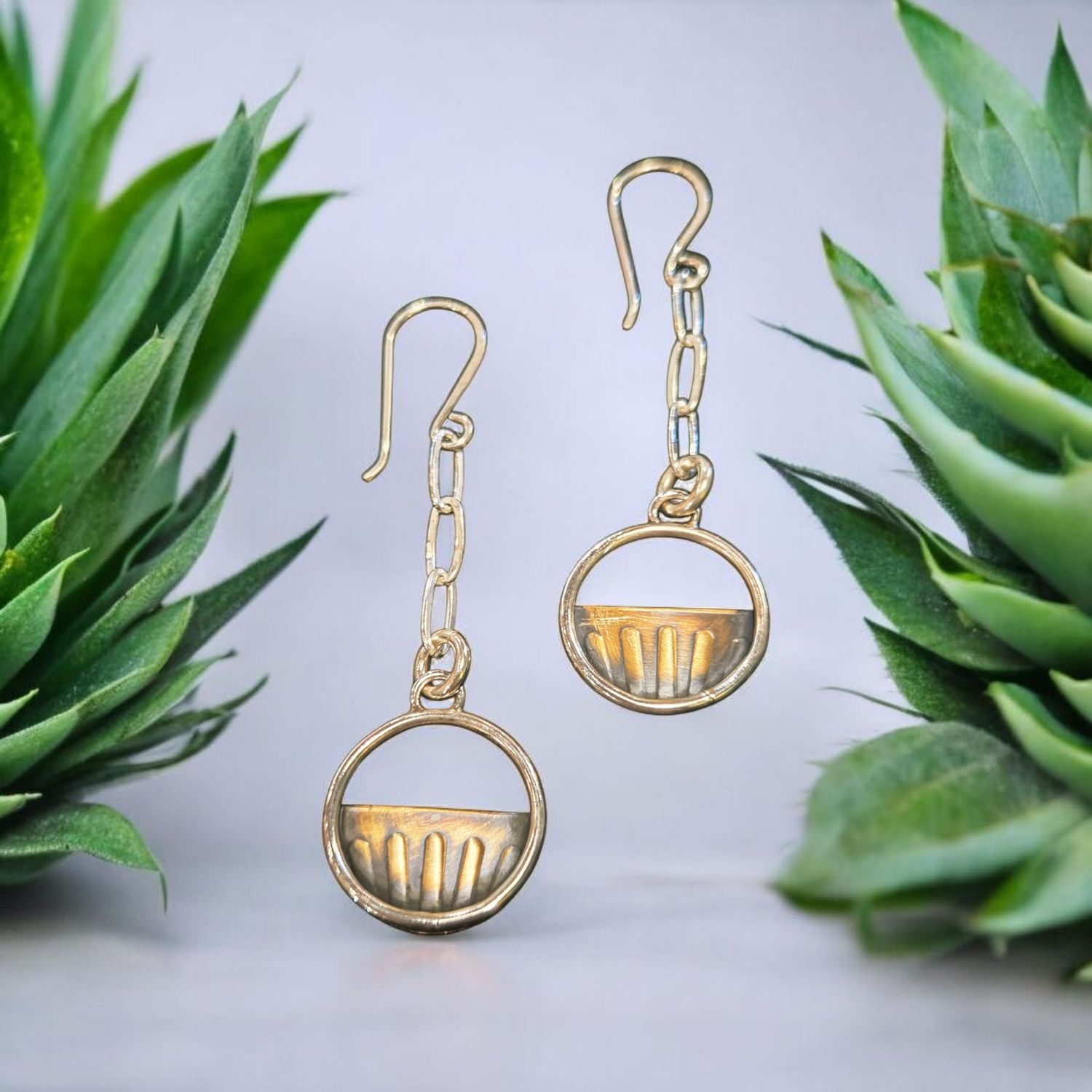 O&#39;Brien Earring Sterling Circles with Patterned Brass Appliques on Sterling Chain