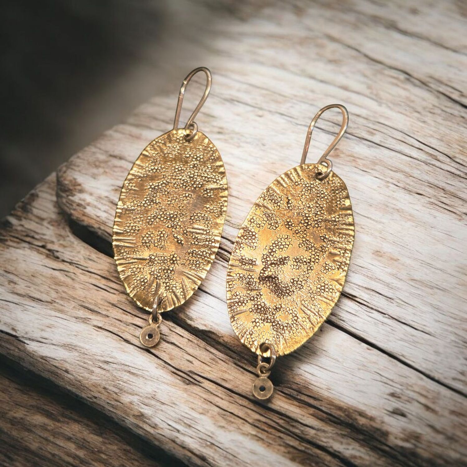 O&#39;Brien Earring Long Hammered Brass Ovals with Small Sterling Dangle