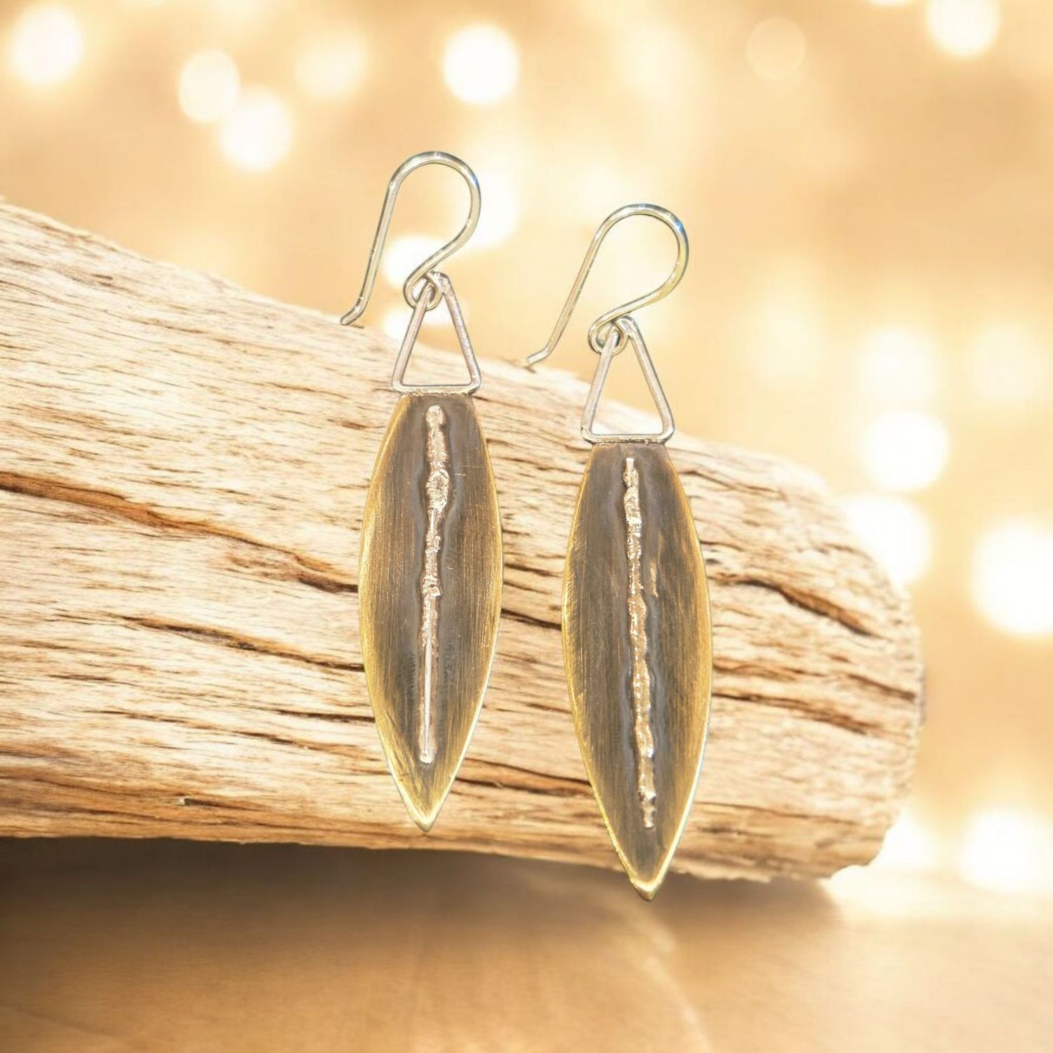 O&#39;Brien Earring Long Brass Shields with Melted Sterling Overlay