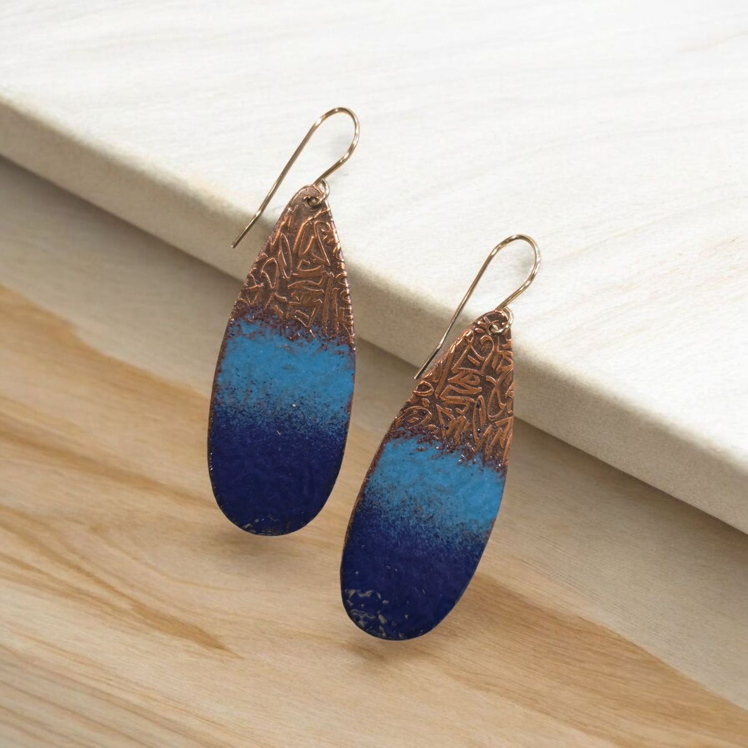 O&#39;Brien Earring Copper Long Tear Drop Blue Enamel Ombre