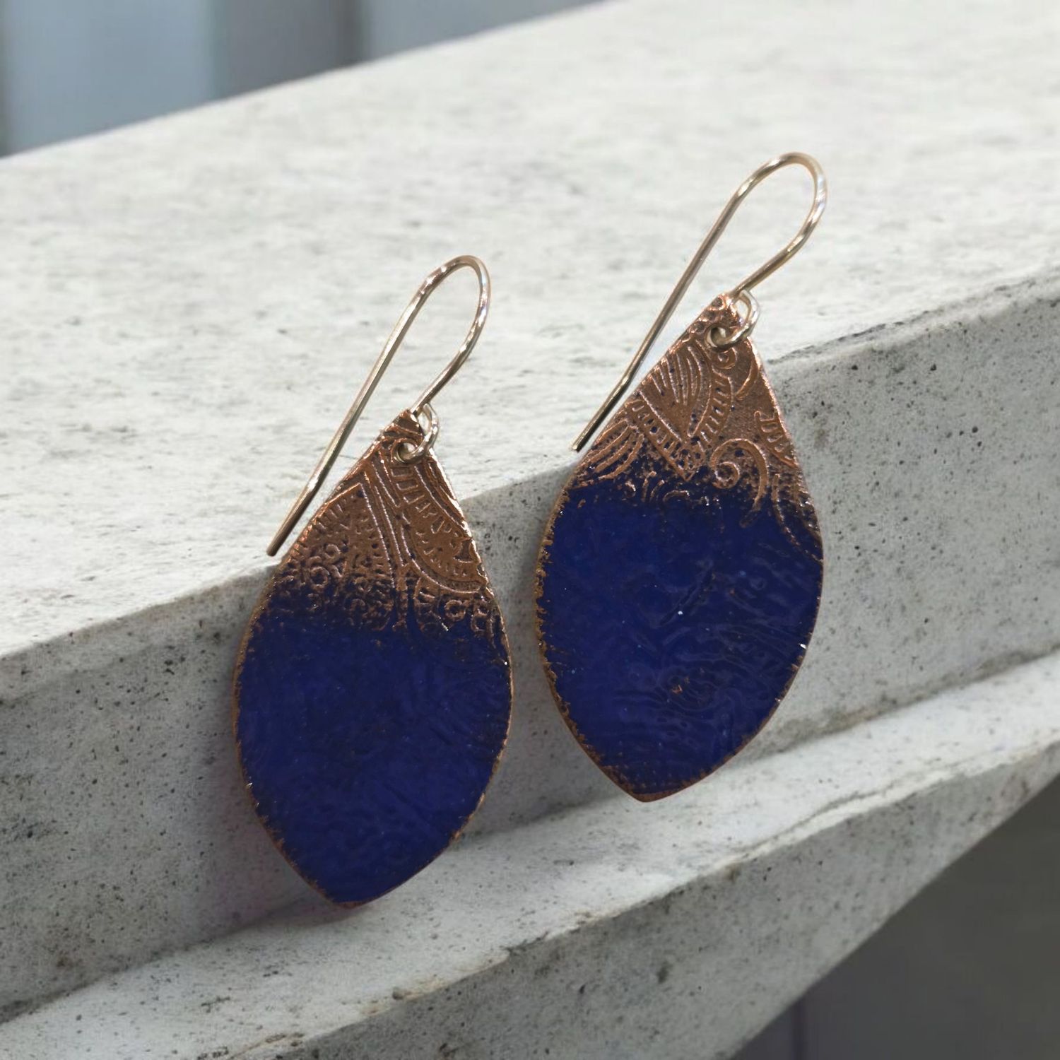 O&#39;Brien Copper Pointed Teardrop Royal Blue Enamel