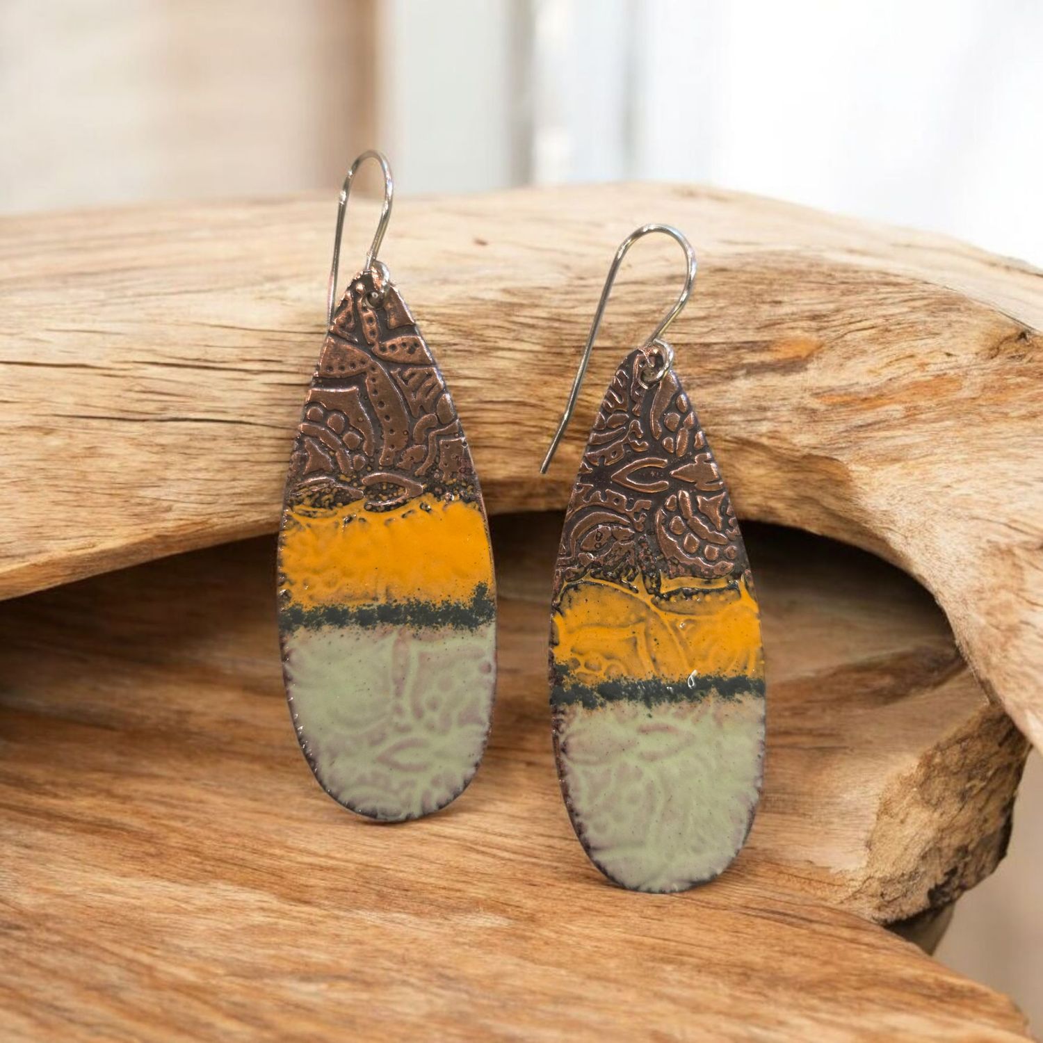 O&#39;Brien Earring Copper Long Tear Drop Yellow to Green Enamel Ombre