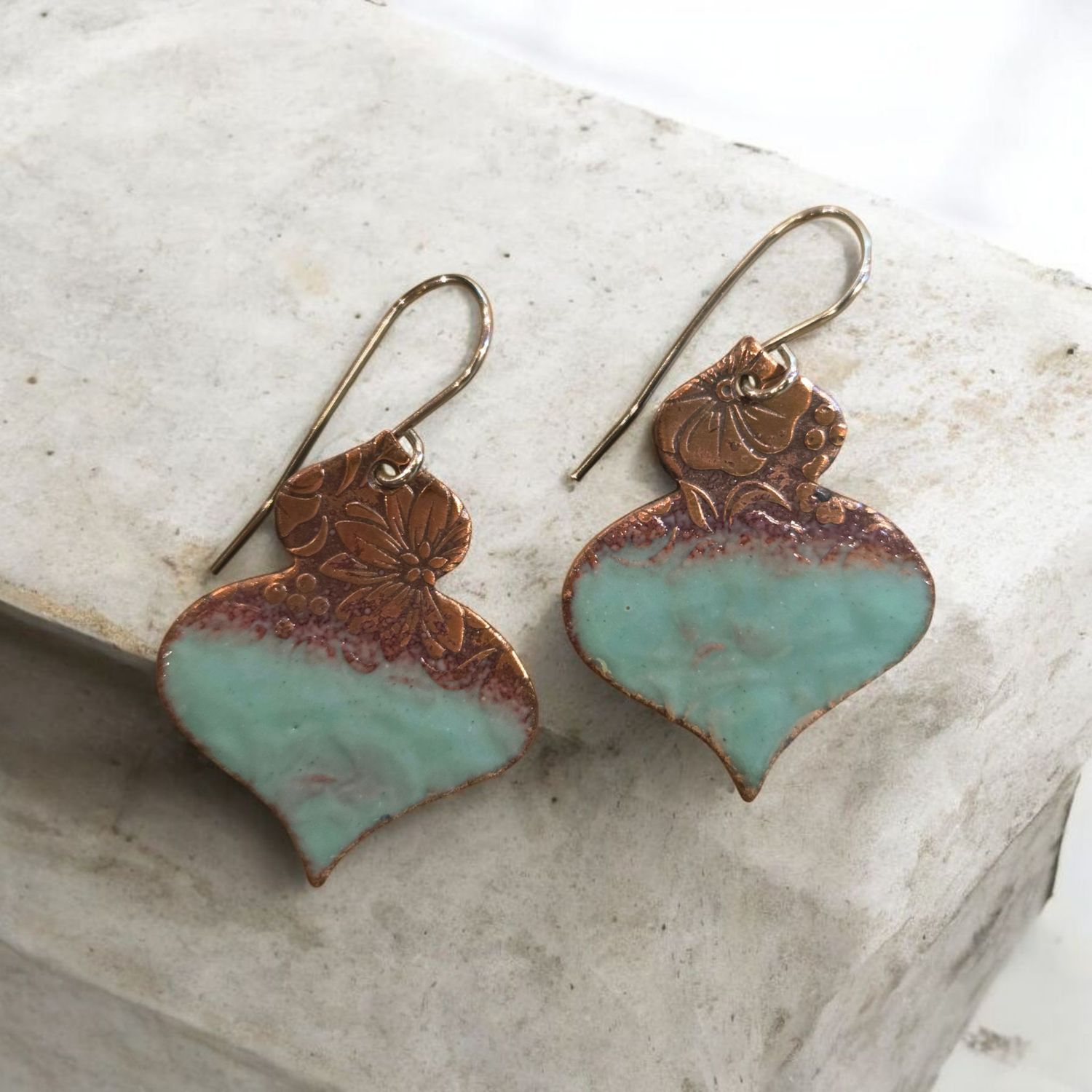 O&#39;Brien Earring Copper Arabesque Sage Green Enamel