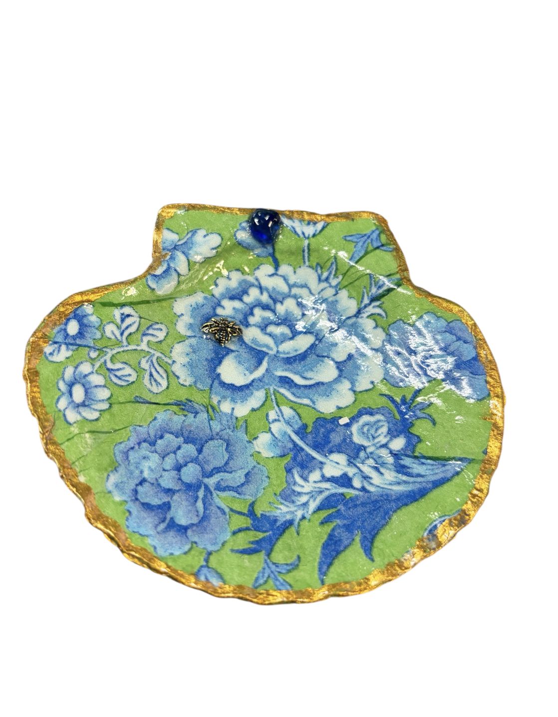 Wilson Clam Shell Trinket Dish Green with Blue Flowers