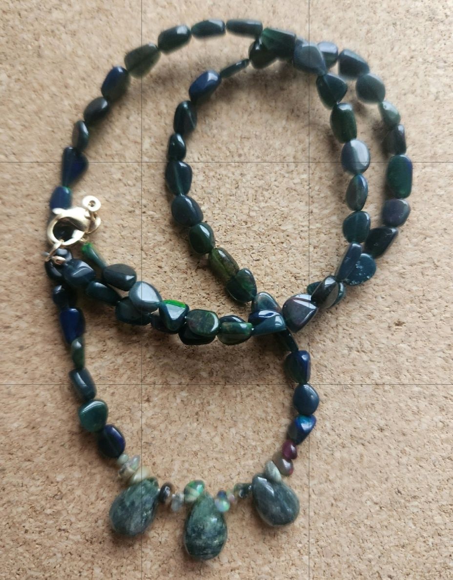 Bourie Necklace Black Ethiopian Opals with Serpentine Briolette&#39;s