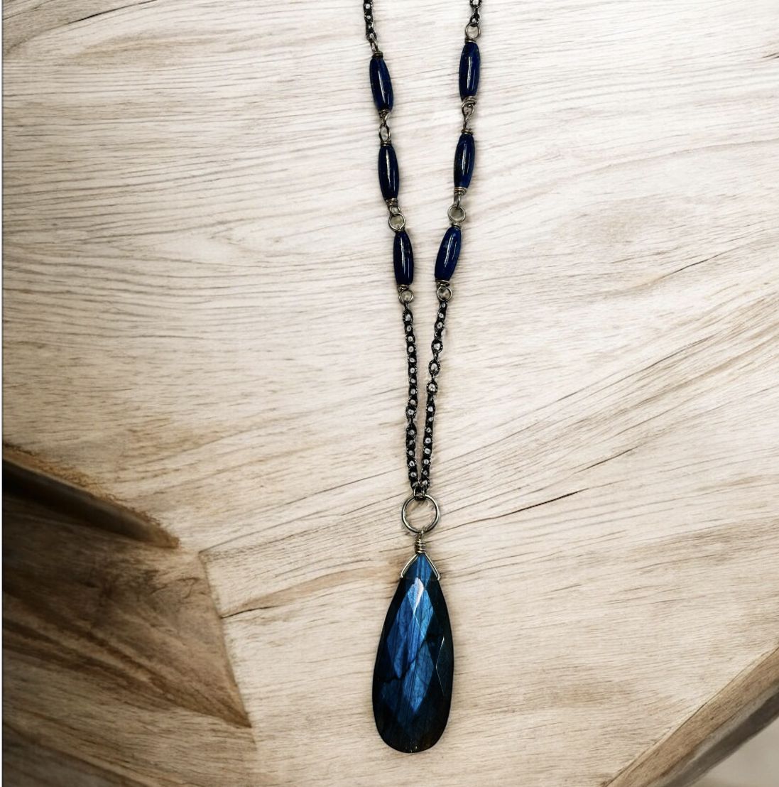 Robb Necklace Lapis on Oxidized Silver Chain with Labradorite Teardrop