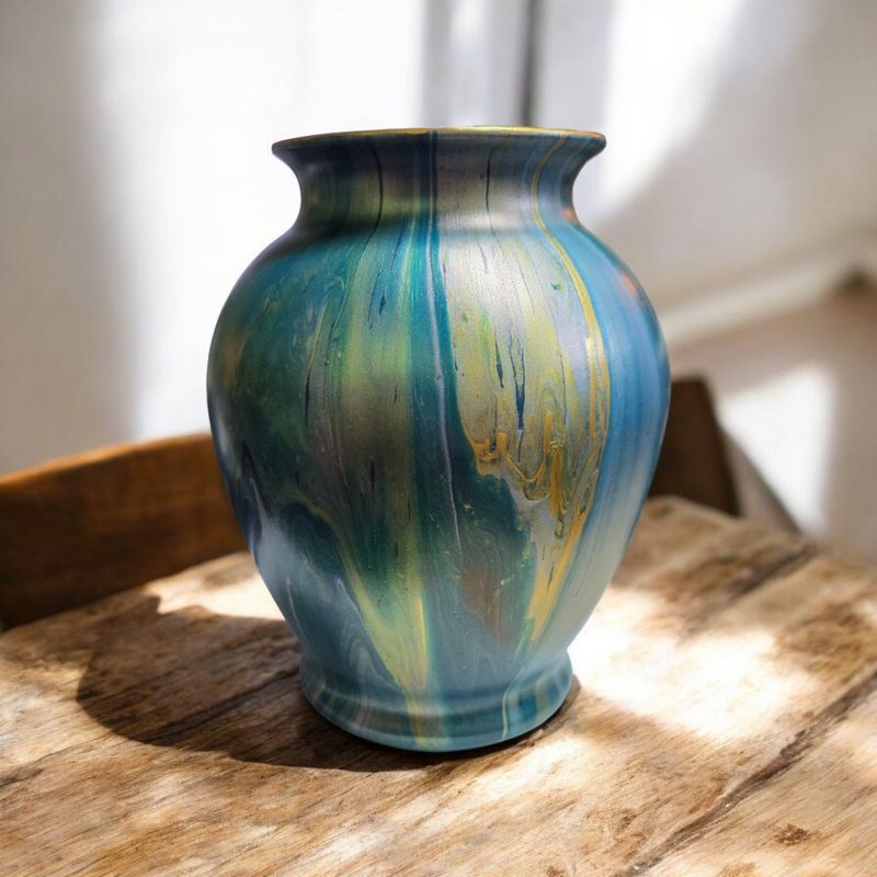 Stevenson 7 Inch Fat Top Blue and Gold Vase with Royal Blue Interior