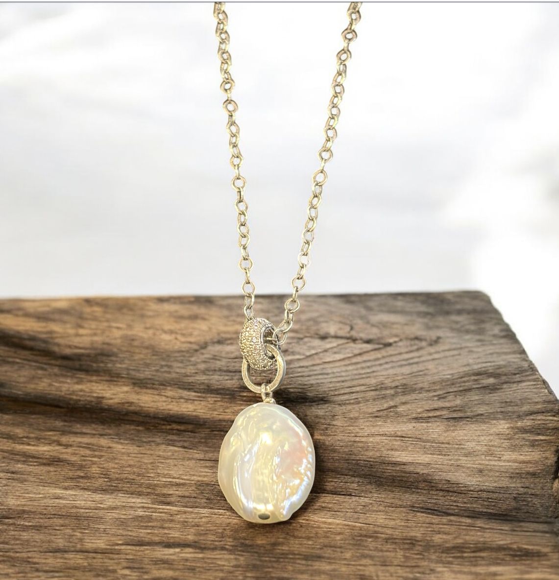 Robb Necklace Freshwater Pearl Drop on Oxidized Silver Chain