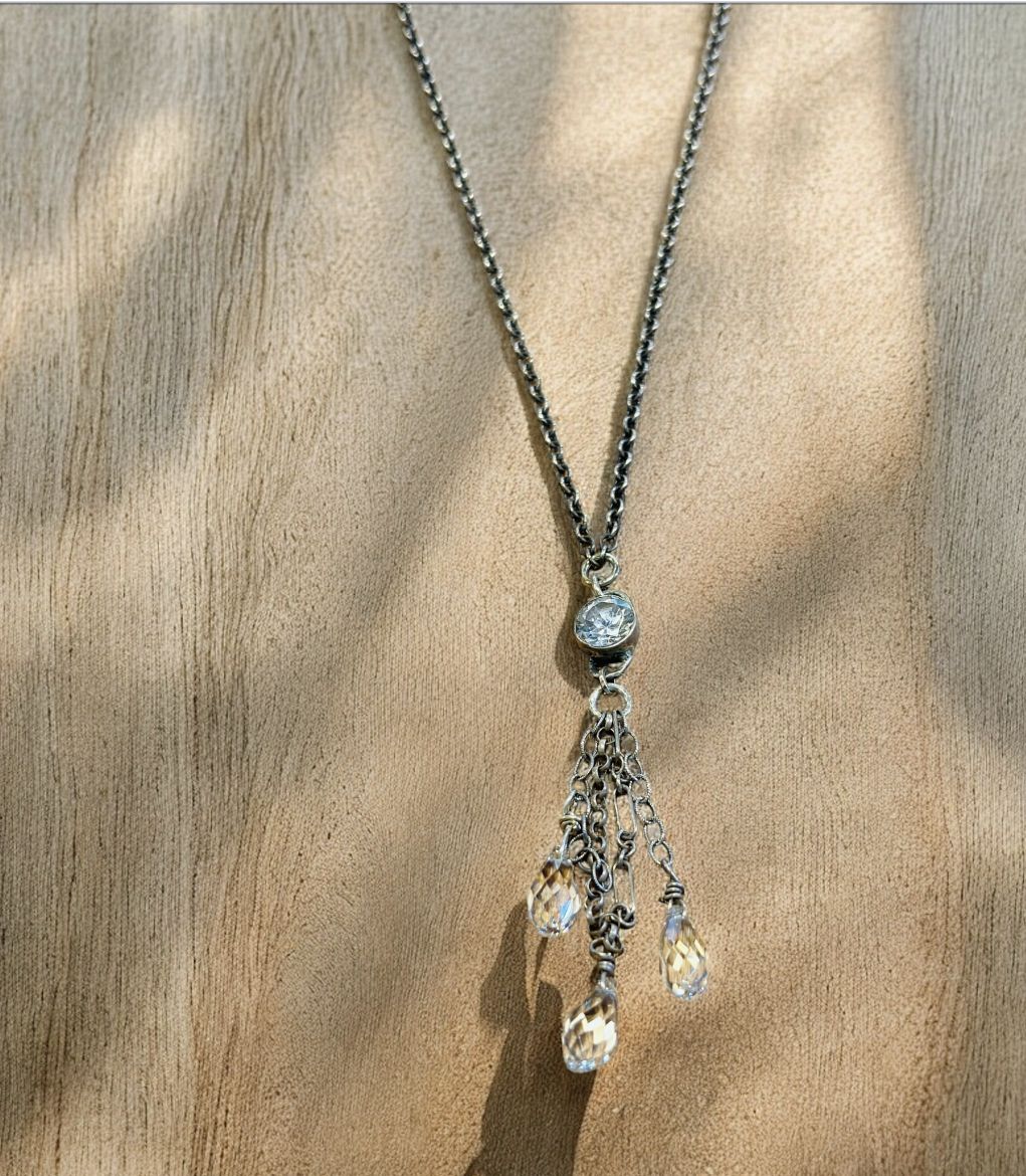 Robb Necklace Faceted Crystal Drops on Oxidized Chain