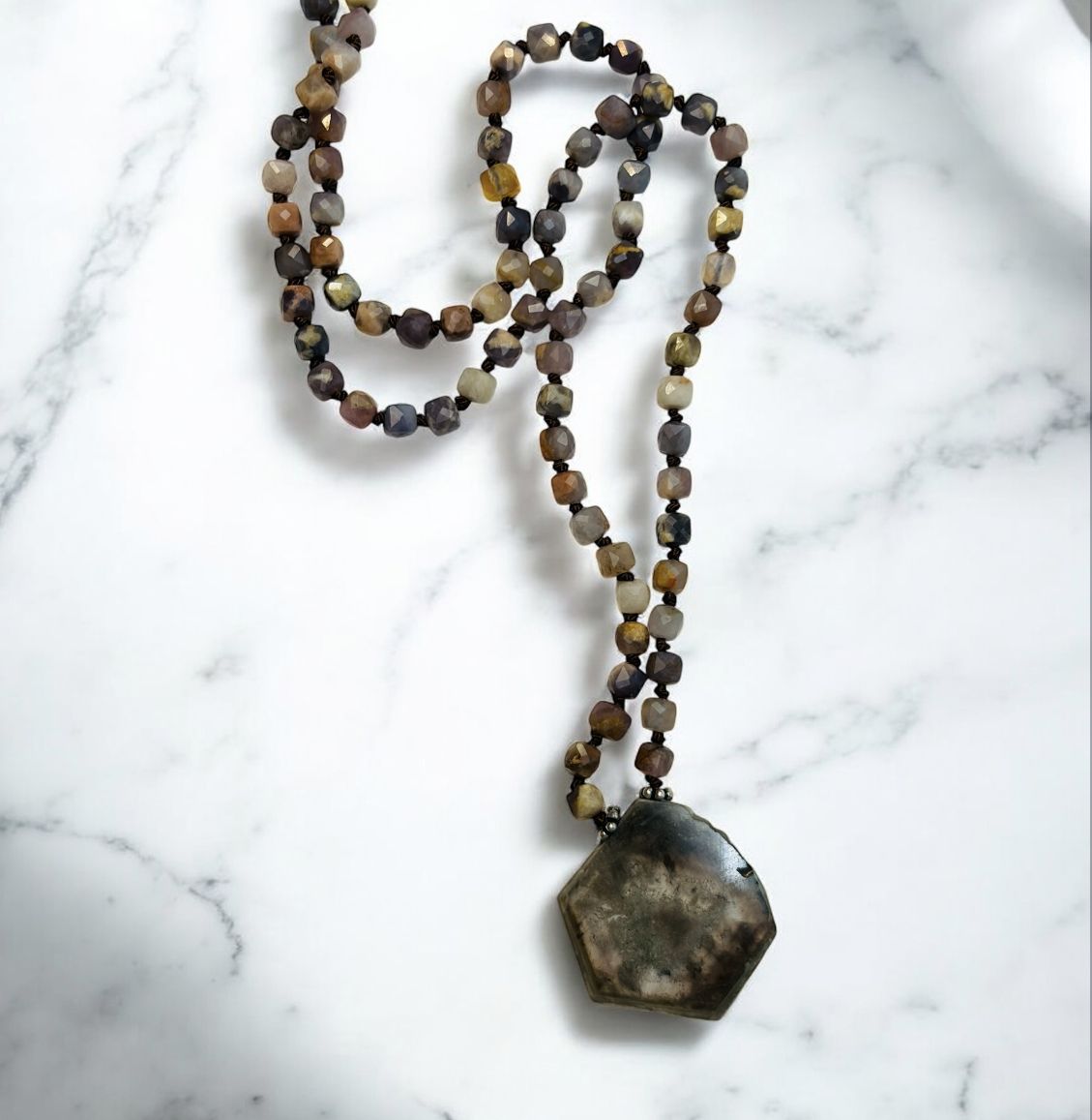 Robb Necklace Knotted Tourmaline With Smoky Tourmaline Drop Slice