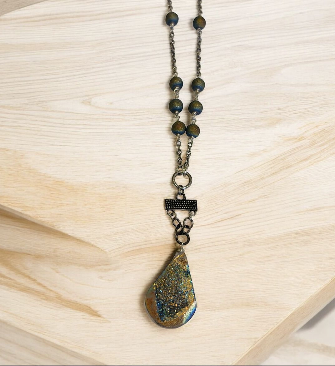 Robb Necklace Titanium Beads with Druzy Drop On Sterling Chain